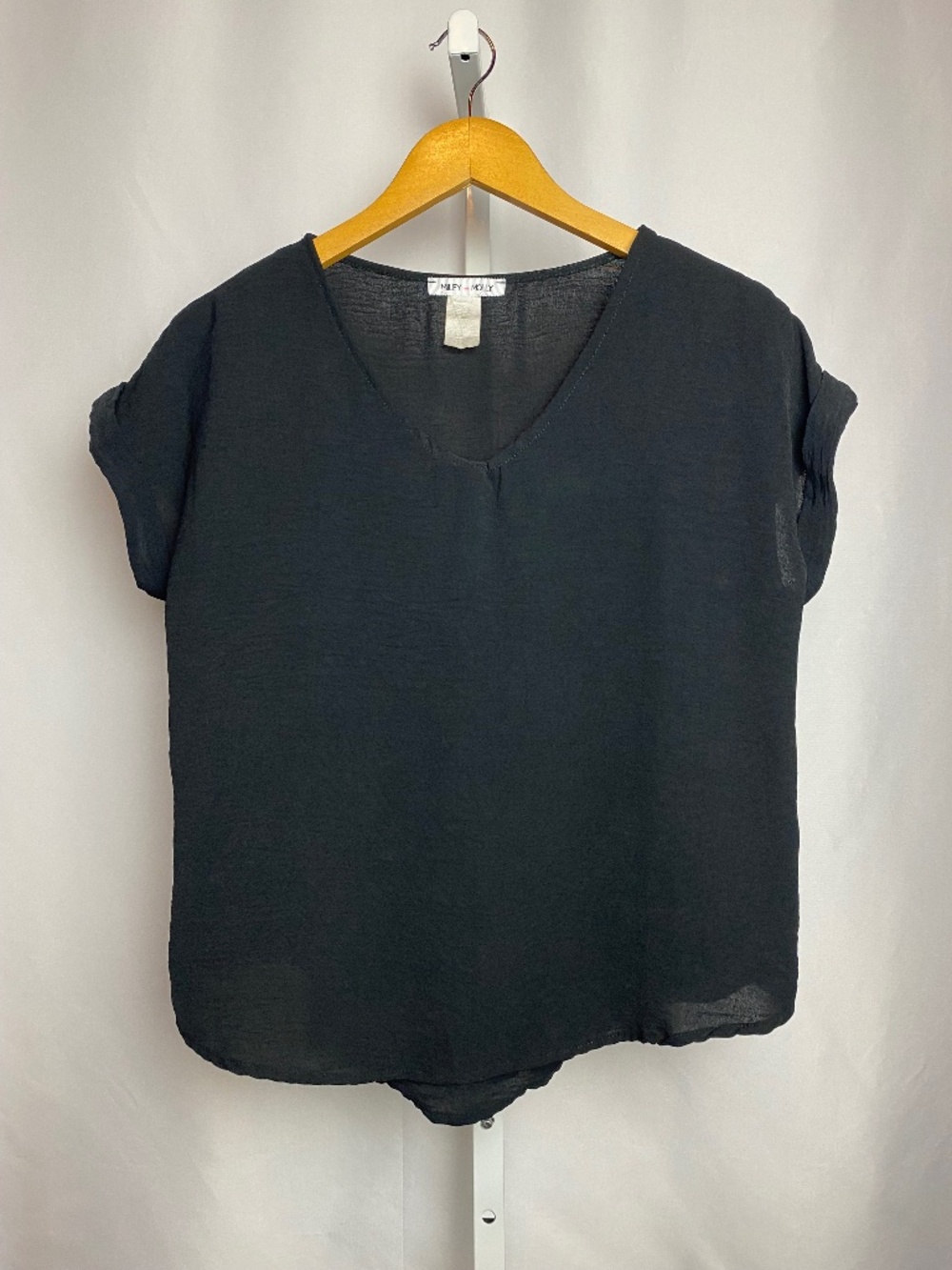 Miley & Molly Womenʻs Black Loose Fit Hi Lo Hem Cuffed Sleeve Blouse M
